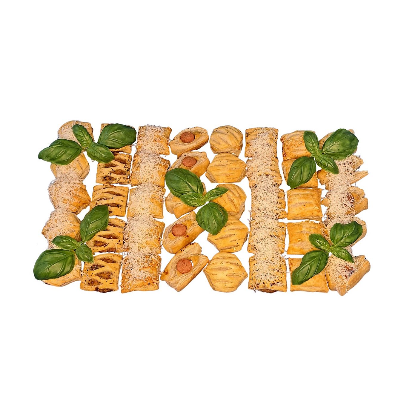 Pikante Aperitif-Häppchen im Blätterteig – mit Wurst, Emmentaler, Tomate-Basilikum und Ziegenkäse