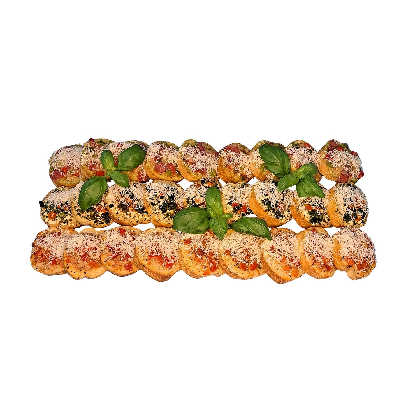 Bruschetta mit Feta-Spinat, Tomaten-Käse und Salami-Paprika auf knusprigem Baguette – kreative Fingerfoodauswahl