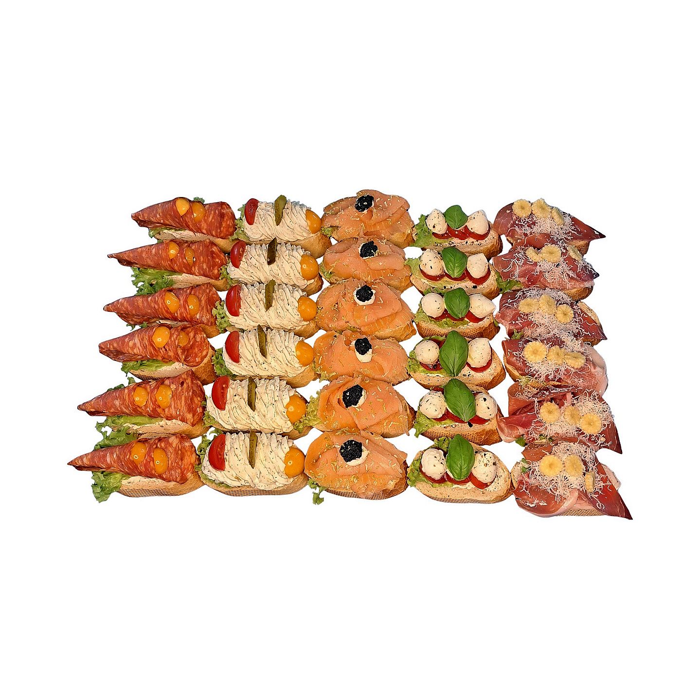 Canapés kreativ belegt: Salami mit Physalis, Frischkäse mit Tomate, Lachs mit Kaviar, Tomate-Mozzarella, Serrano mit Grana Padano