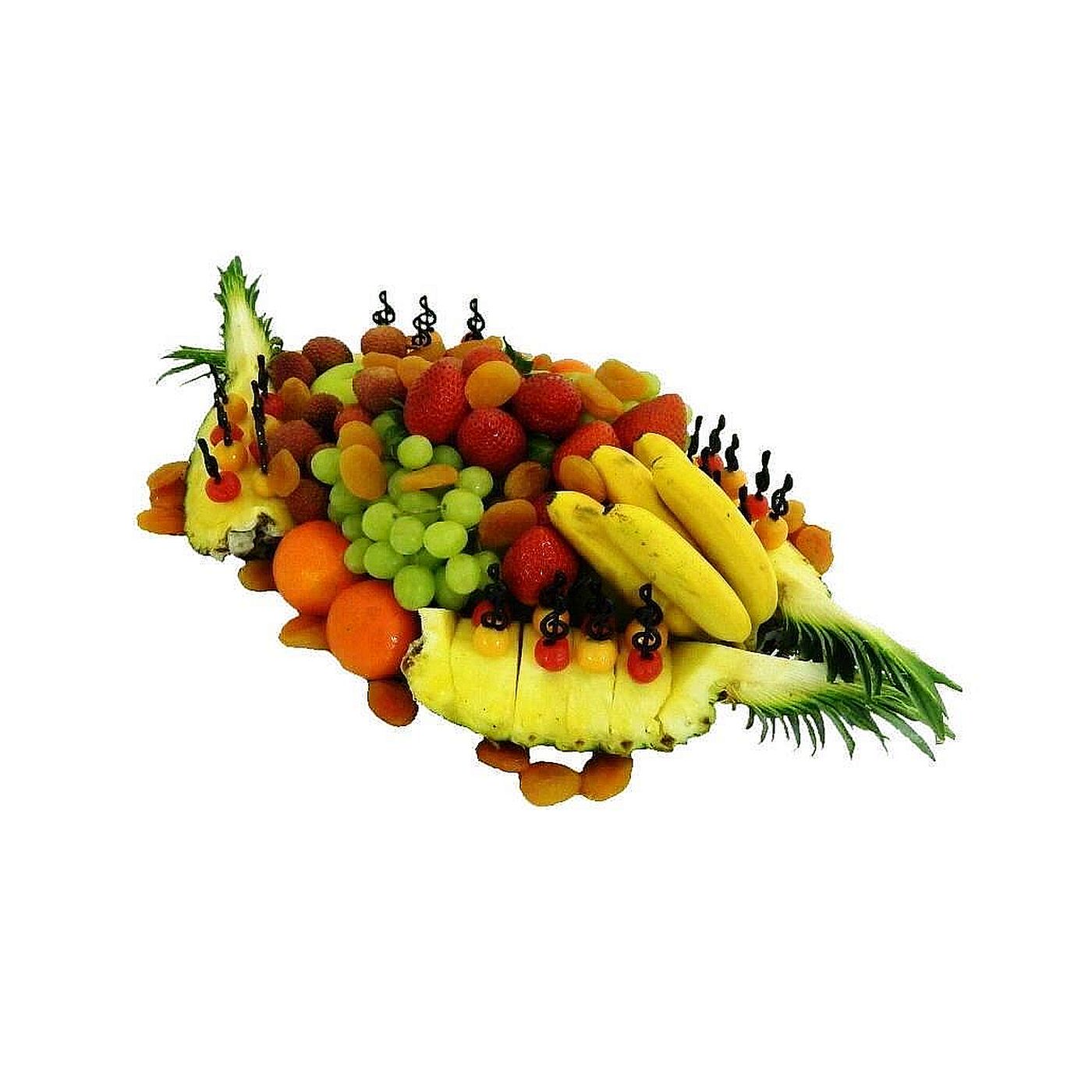 Bunte Obstplatte mit frischen Früchten, Litschi, Ananas, Baby-Bananen und Cocktail-Kirschen