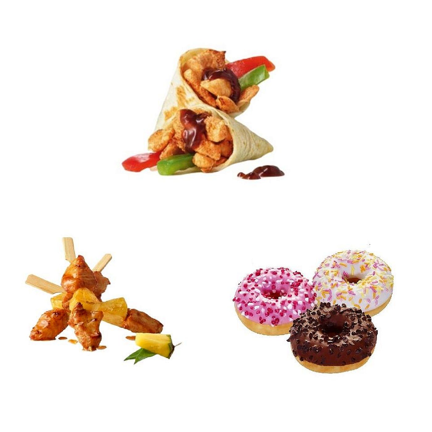 Amerikanisches Fingerfood-Paket mit Hähnchenspießen, Mini Wraps und Donuts