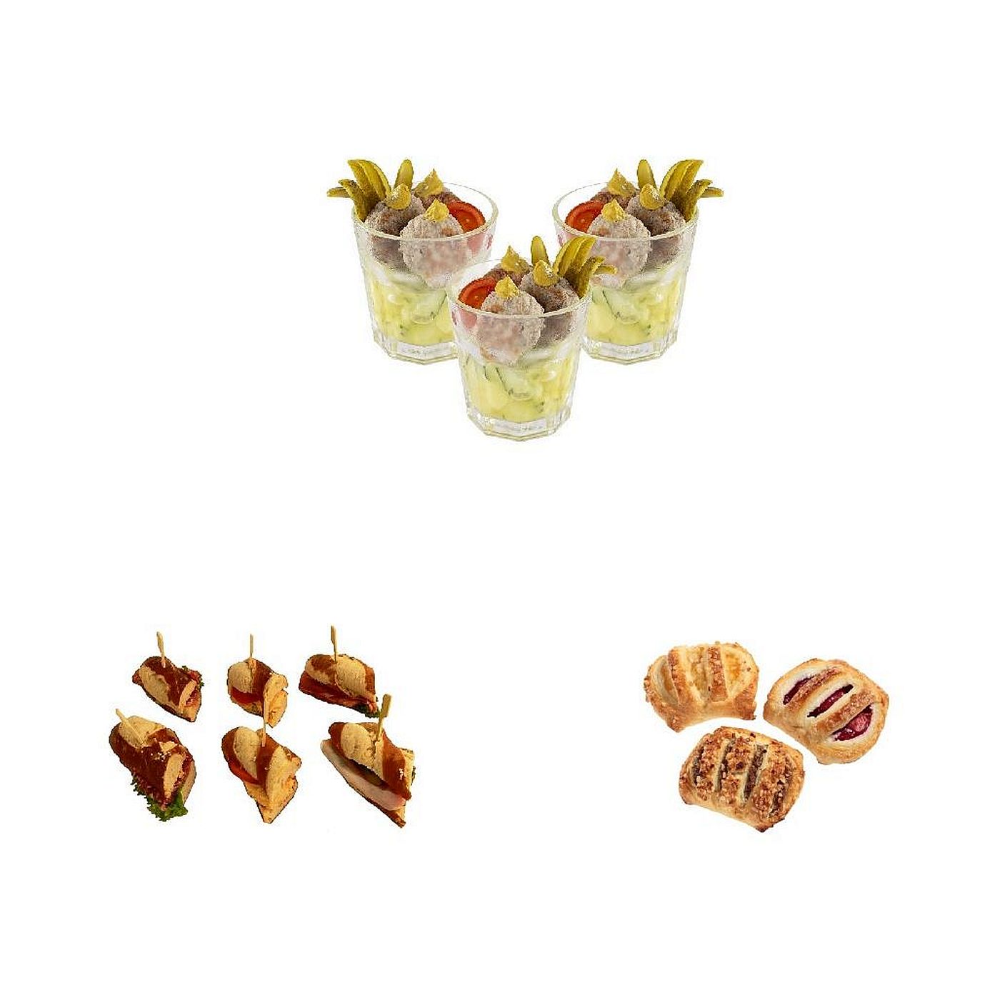 Bayerisches Fingerfood-Paket mit Laugenstangen, Fleischpflanzerl und Fruchtplunder