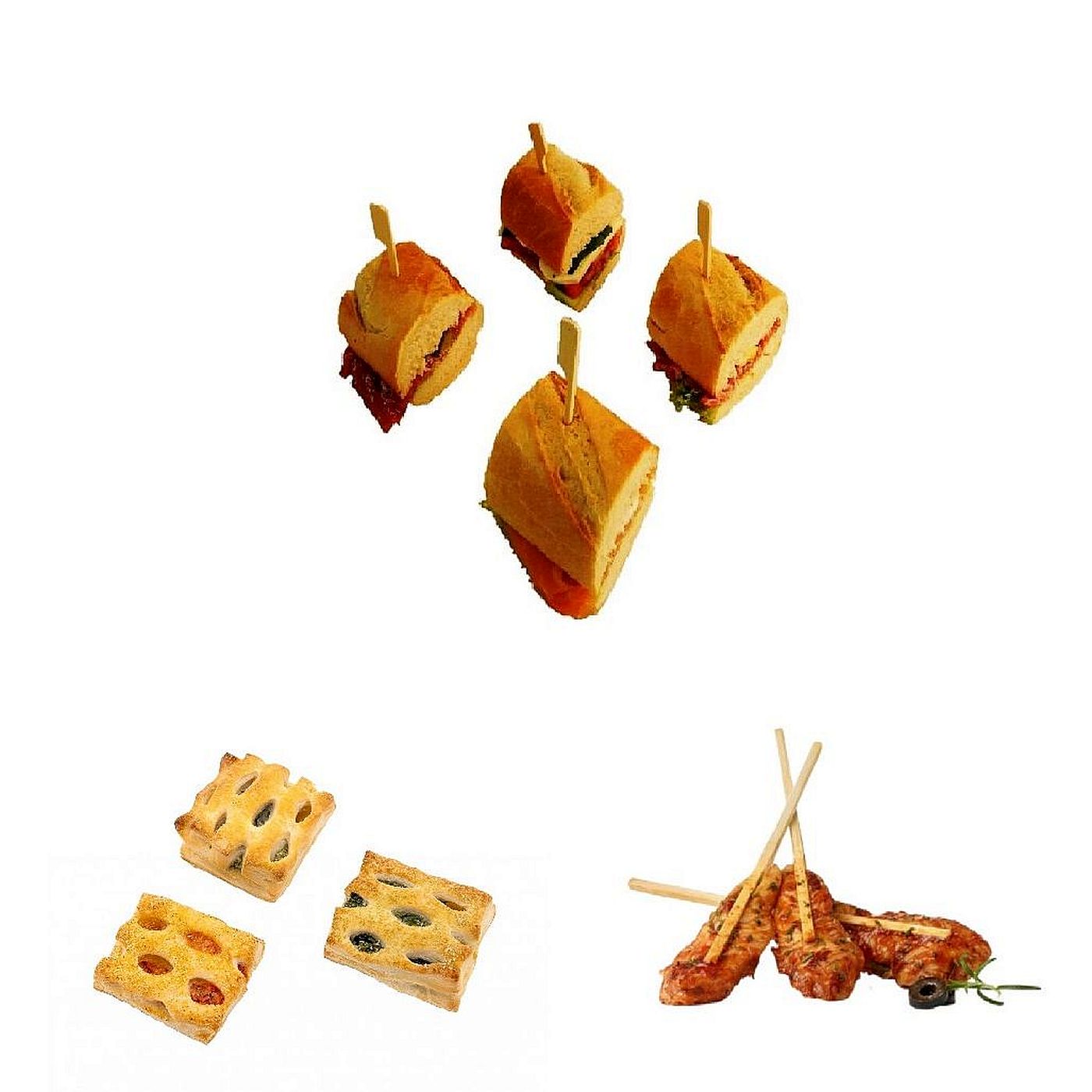 Deftiges Fingerfood-Paket mit Sandwich-Baguette, veganen Blätterteigtaschen und Hähnchenspießen