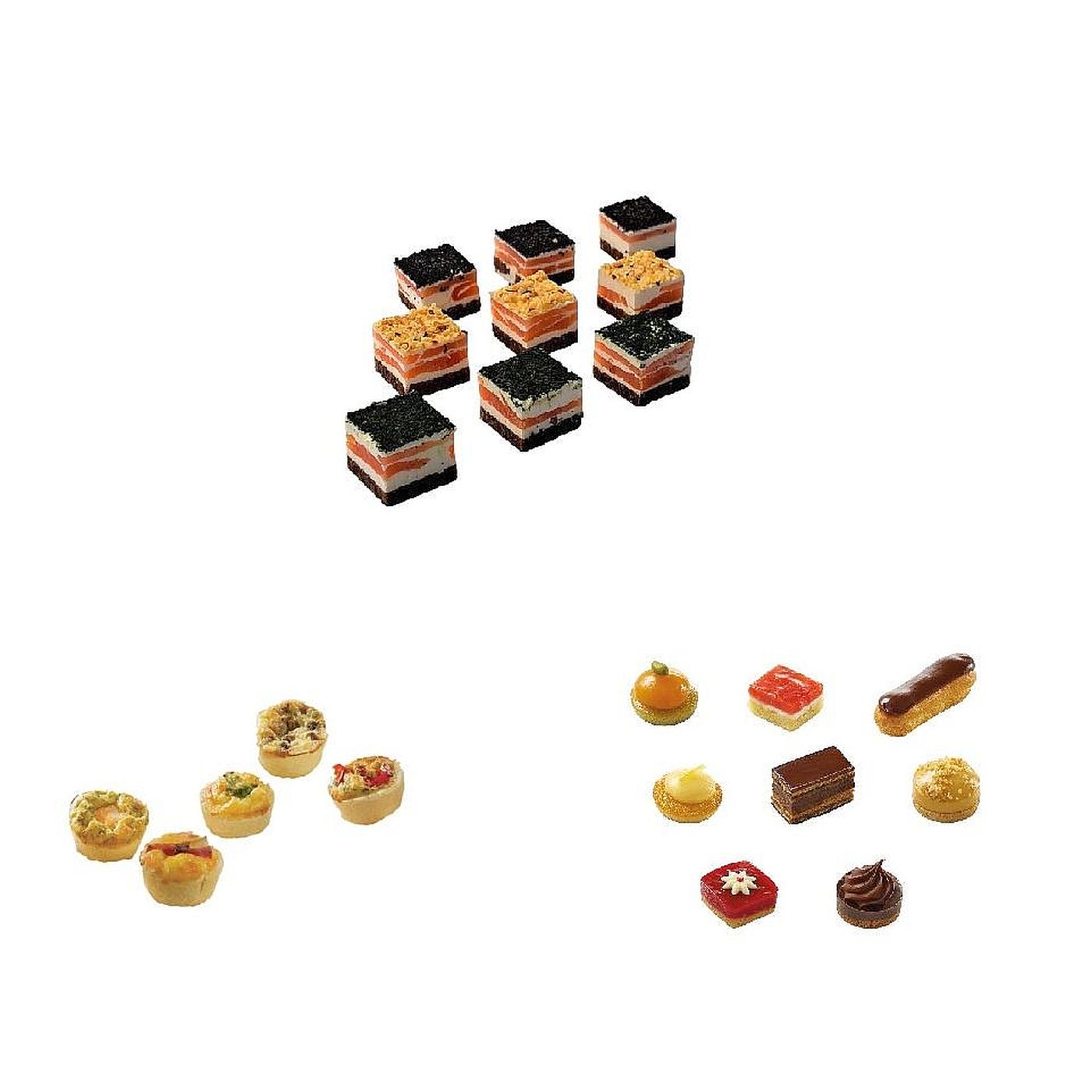 Französisches Fingerfood-Paket mit Lachspralinen, Mini Quiche und Petits Fours