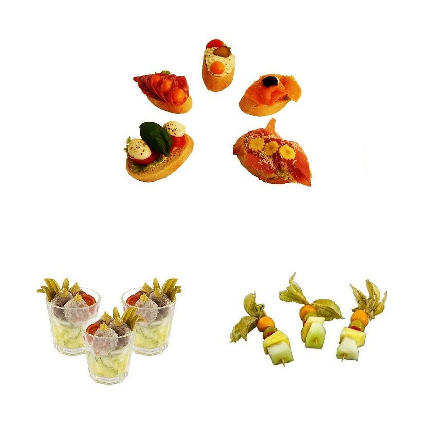 Fingerfoodplatte mit Canapés, Fleischpflanzerl auf Kartoffelsalat und frischen Fruchtspießen