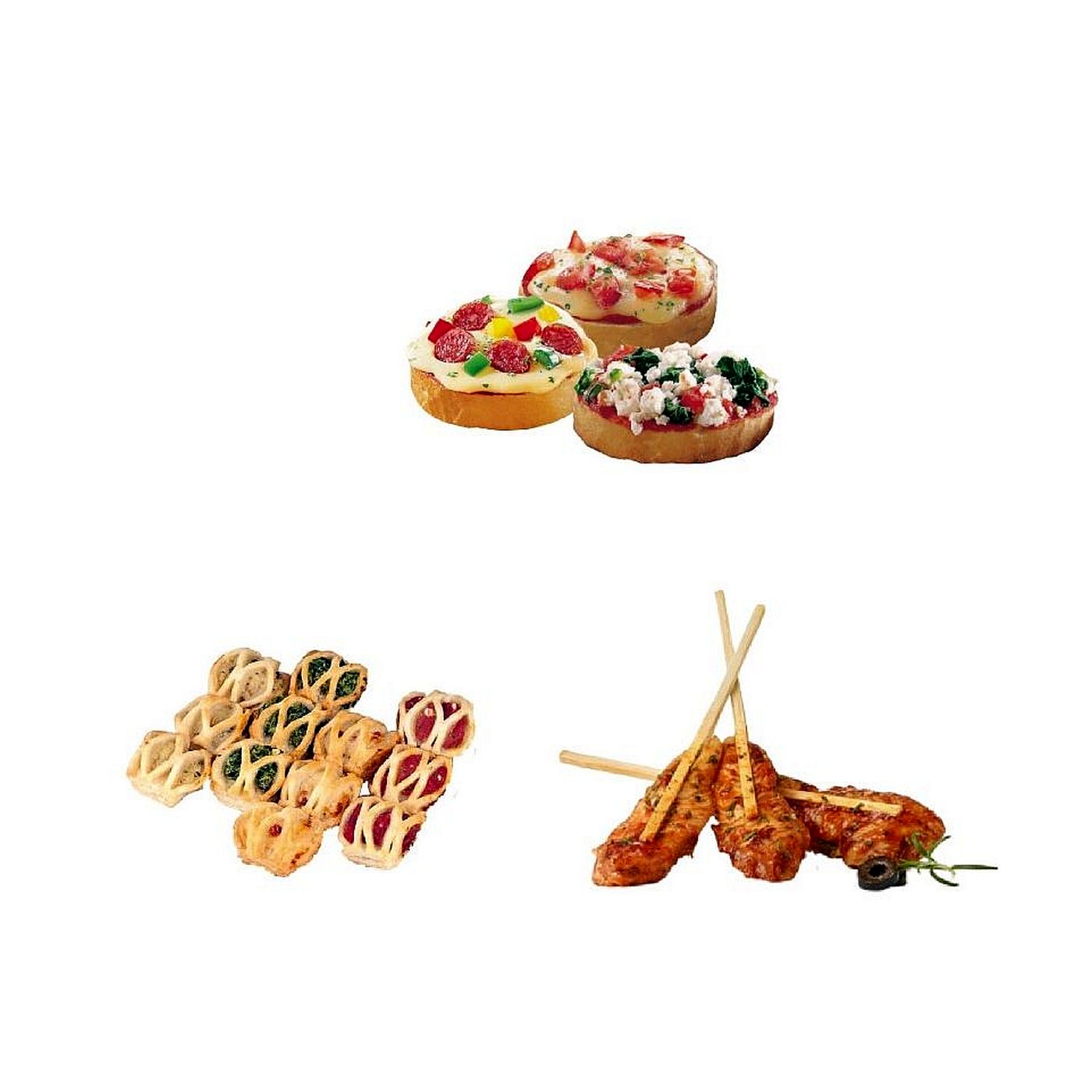 Mediterranes Fingerfood Paket mit Bruschetta, Blätterteigtaschen und Hähnchenspießen