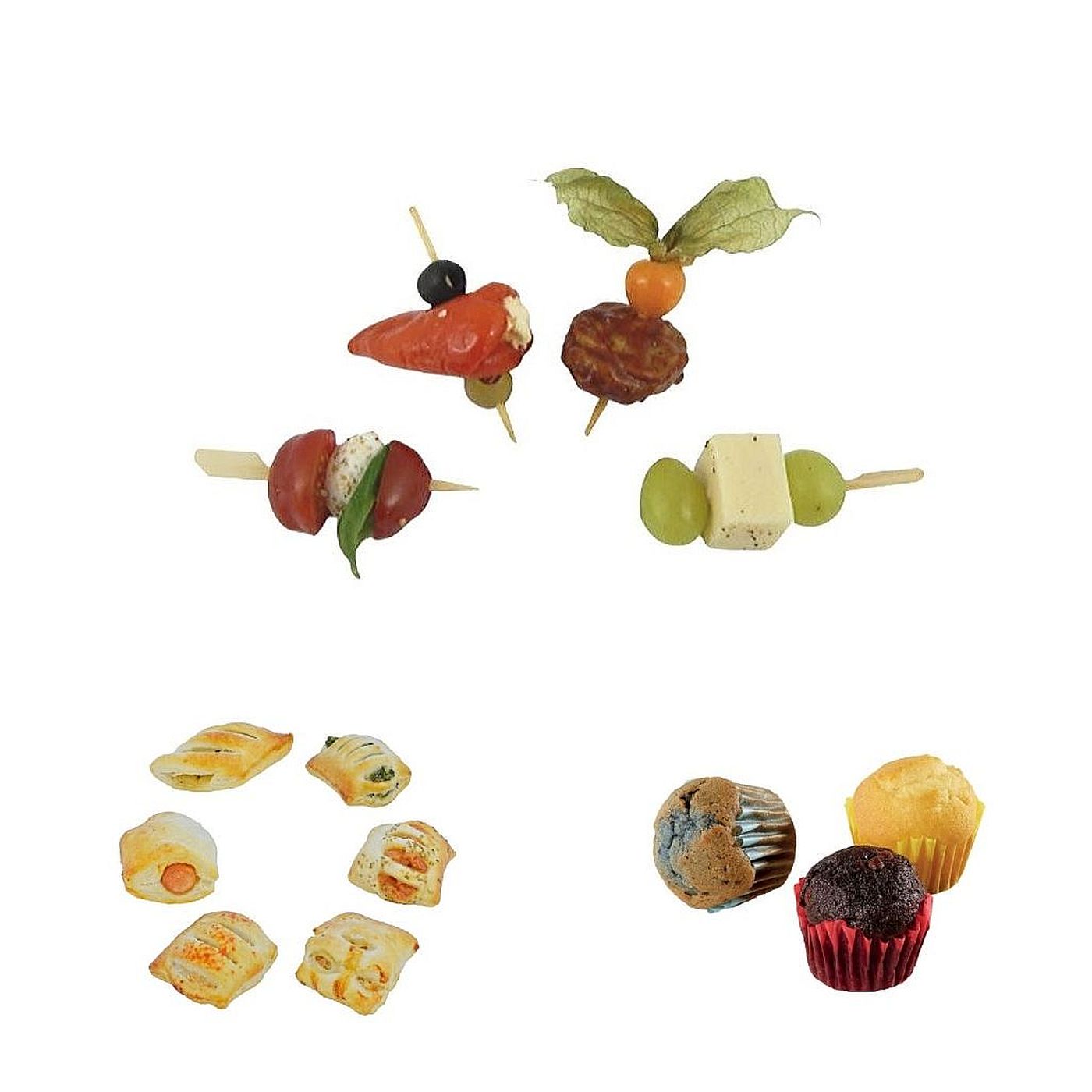 Traditionelles Fingerfood Paket mit Spießen, Blätterteighäppchen und Mini Muffins