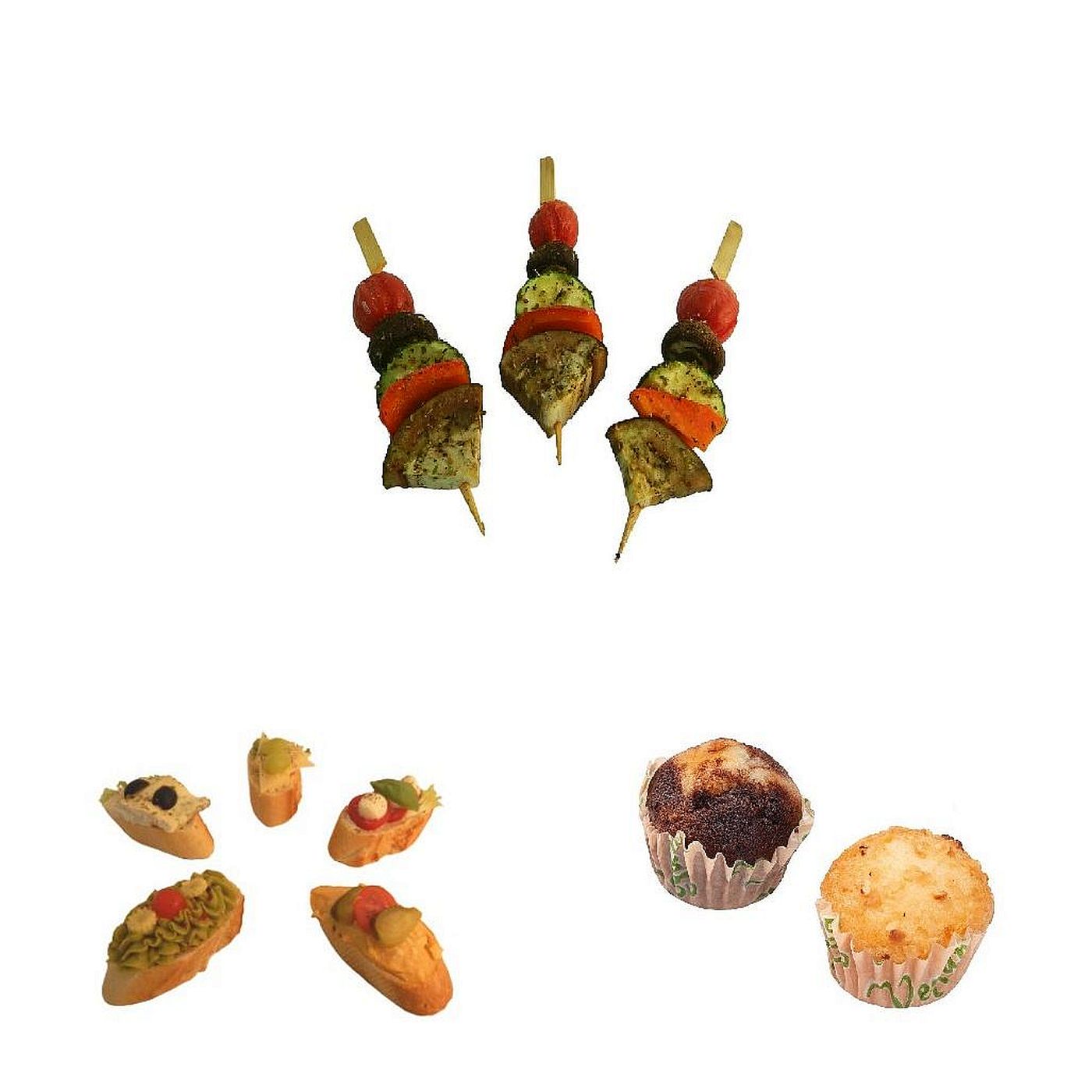 Vegetarisches Fingerfood Paket mit Canapés, Antipasti-Spießen und veganen Mini-Muffins