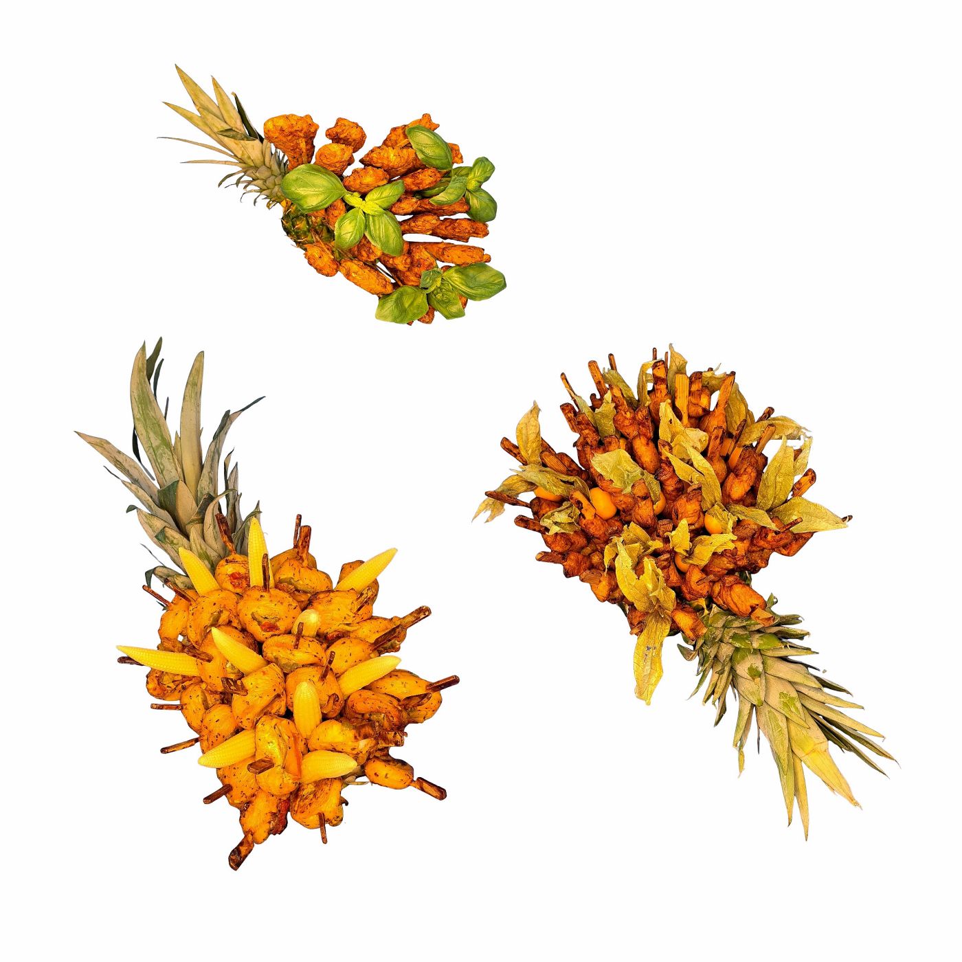 Dreierlei Hähnchenspieße: mediterran, mit Ananas und gefüllt mit Paprika