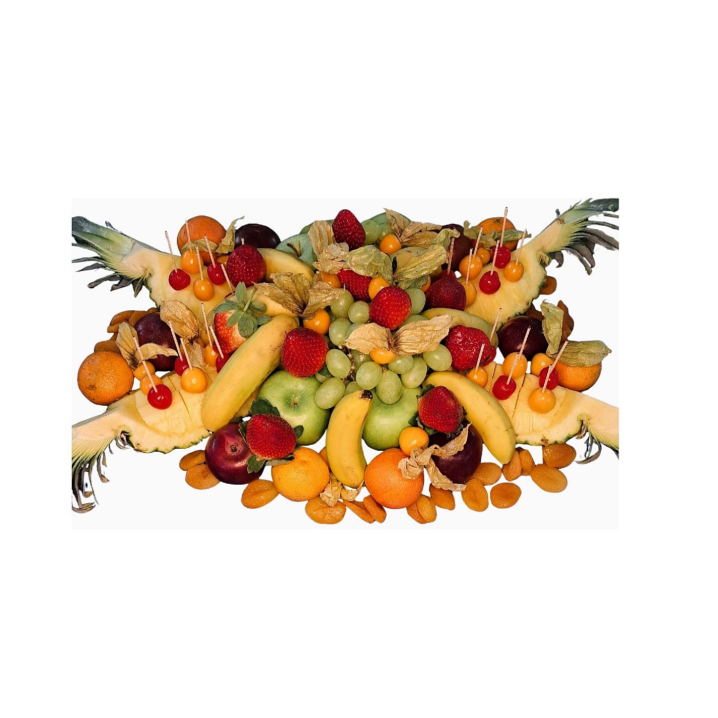 Kreativ angerichtete Obstplatte mit frischen Früchten und dekorativem Trockenobst