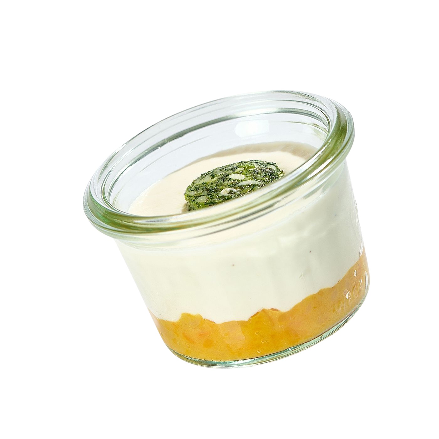 Ziegenkäse Panna Cotta im Weckglas mit Pesto und Kürbis-Chutney