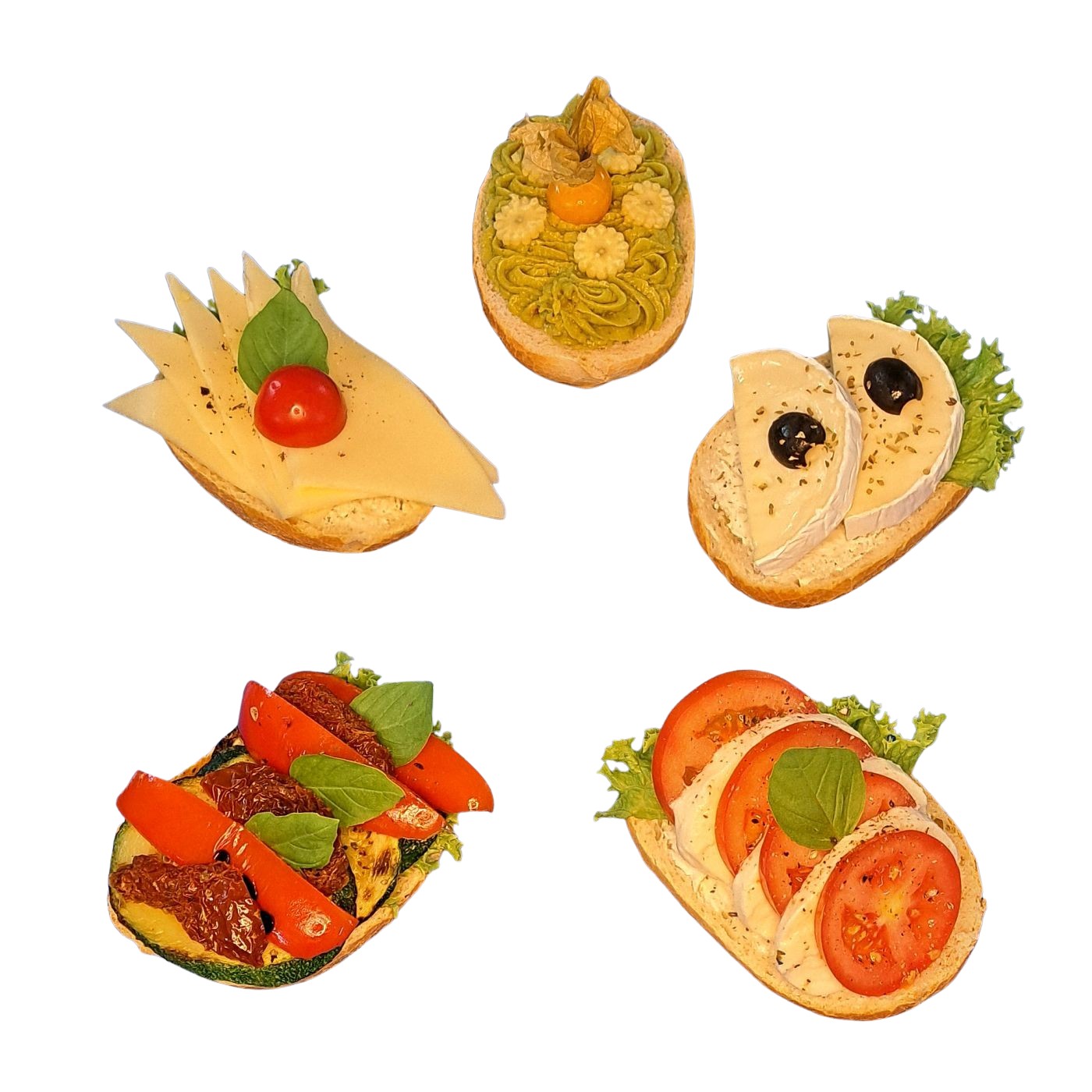 Vegetarische halbe Brötchen mit Tomate-Mozzarella, Camembert, Avocado, Gouda und mediterranem Antipasti-Gemüse