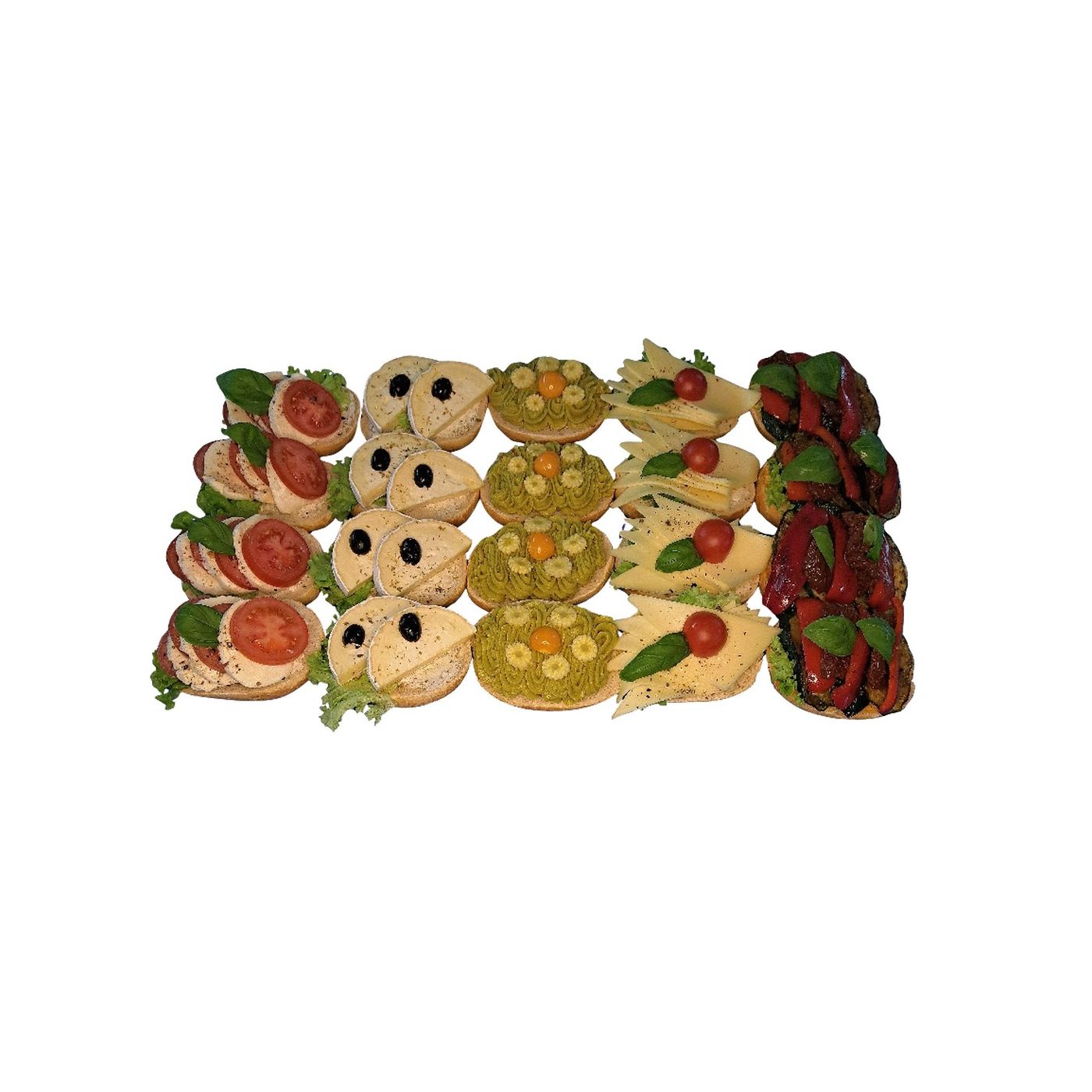 Vegetarische halbe Brötchen mit Mozzarella, Camembert, Avocado, Gouda und Antipasti