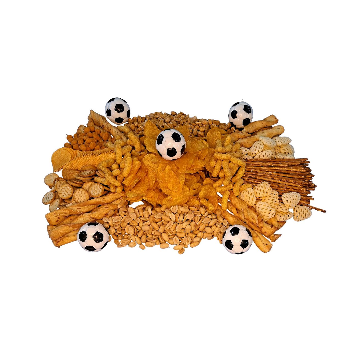 Fußball-Knabber-Platte mit Chips, Nic Nacs, Erdnüssen und Käse-Stängli